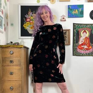 Vintage Floral Velvet Sheath Dress, 1990s Black w/ Pink Flowers Sz L, Terry Ward